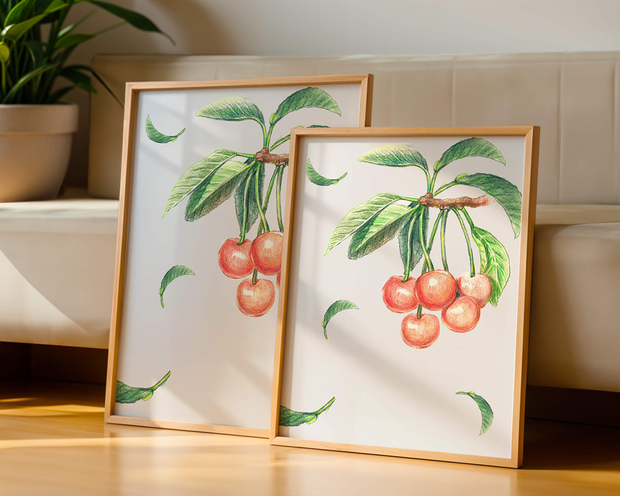 Realistic Illustration of Cherry Branch with Green Leaves