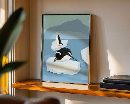 Charming penguins on floating icebergs in polar scenery