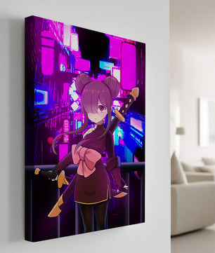 Personaje de anime con espadas y fondo de paisaje urbano neón