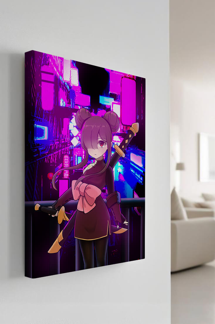 Anime Character with Swords and Neon Cityscape Background