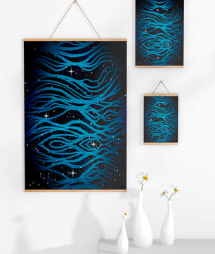 Abstract blue wave lines with starry night background