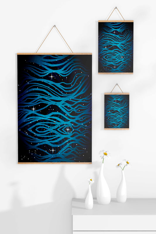 Abstract blue wave lines with starry night background