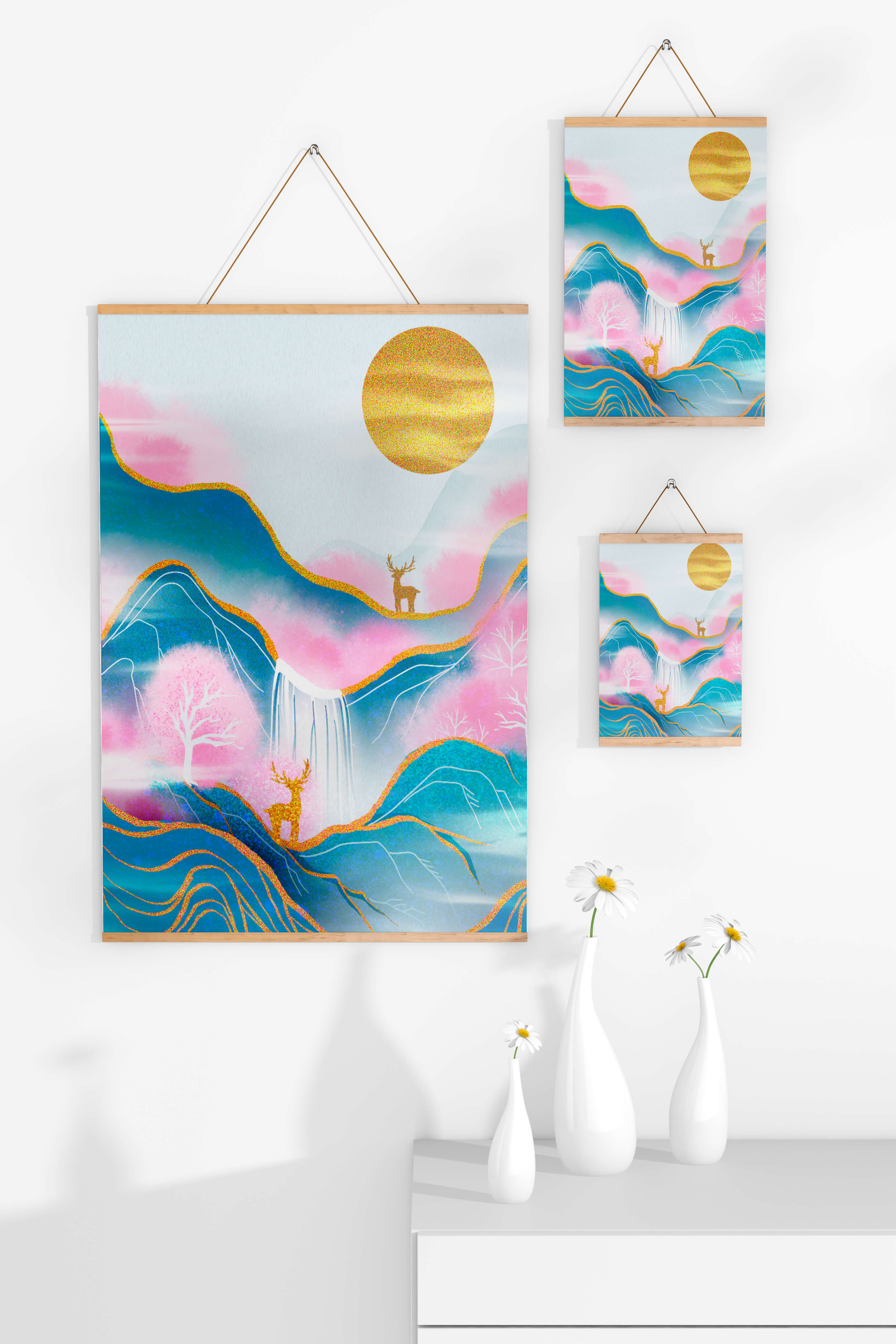 Golden deer in a pastel mountain landscape with pink skies