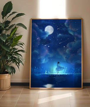 Cielo nocturno soñador con figura danzante y luz de luna brillante