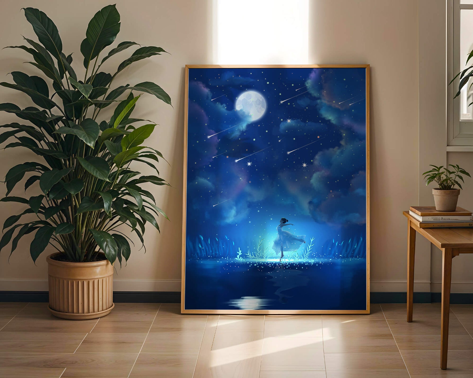 Cielo nocturno soñador con figura danzante y luz de luna brillante