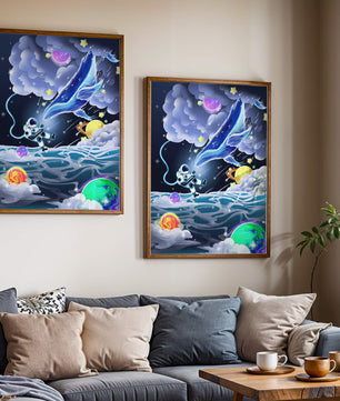 Astronaut Exploring a Surreal Cosmic Ocean with a Glowing Whale
