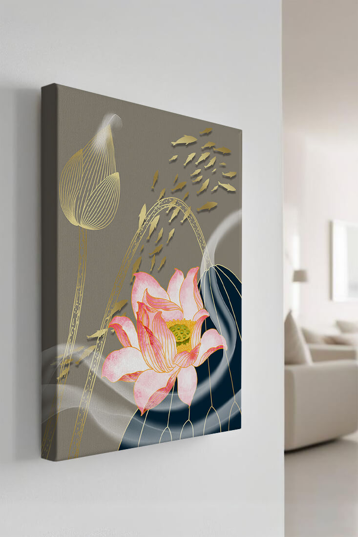 Elegant floral design with blooming lotus and golden fish accents