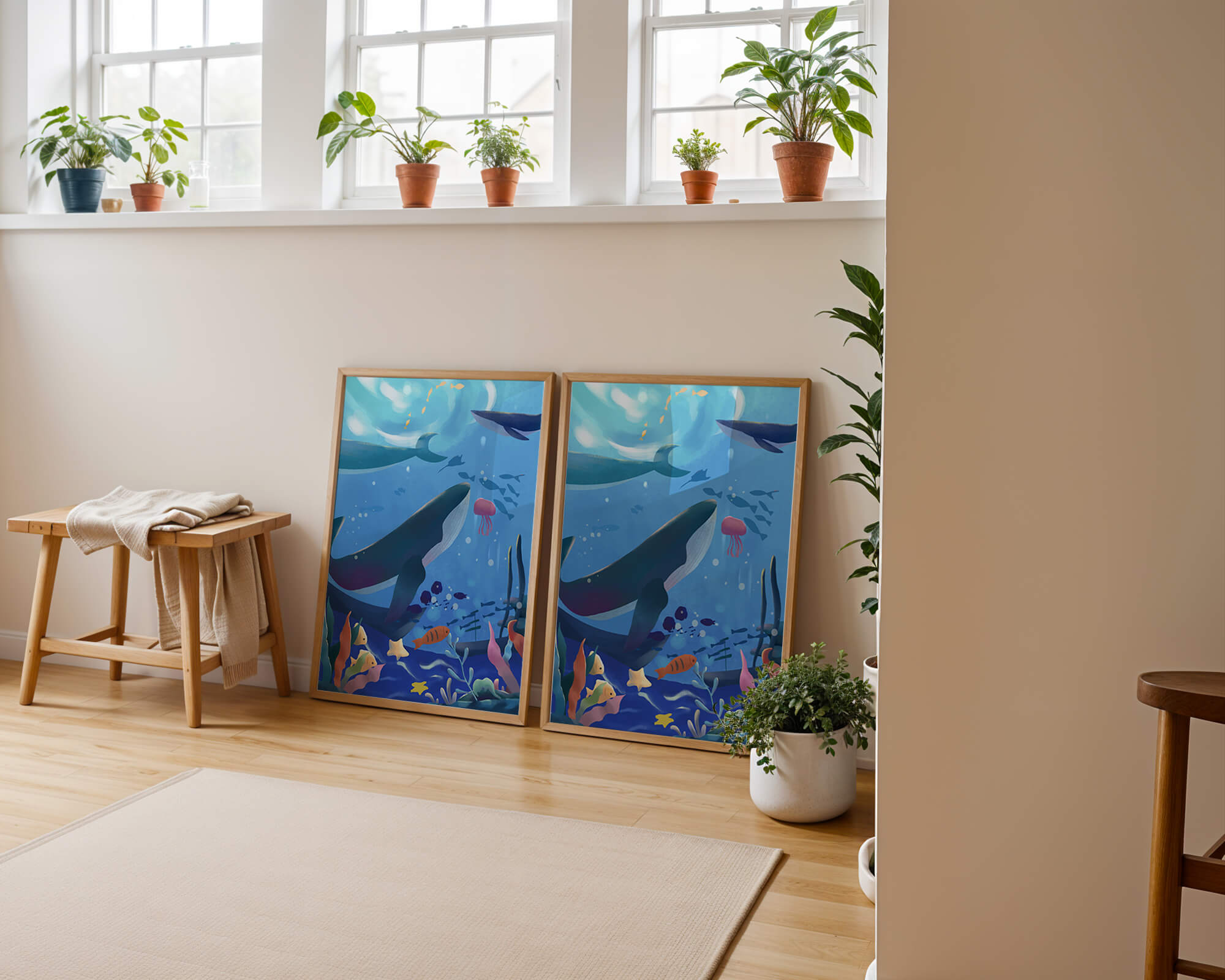Underwater scene with whales, fish, and coral reef