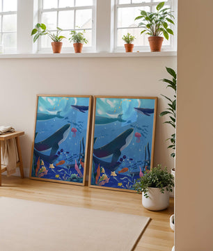 Escena submarina con ballenas, peces y arrecife de coral