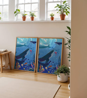 Underwater scene with whales, fish, and coral reef