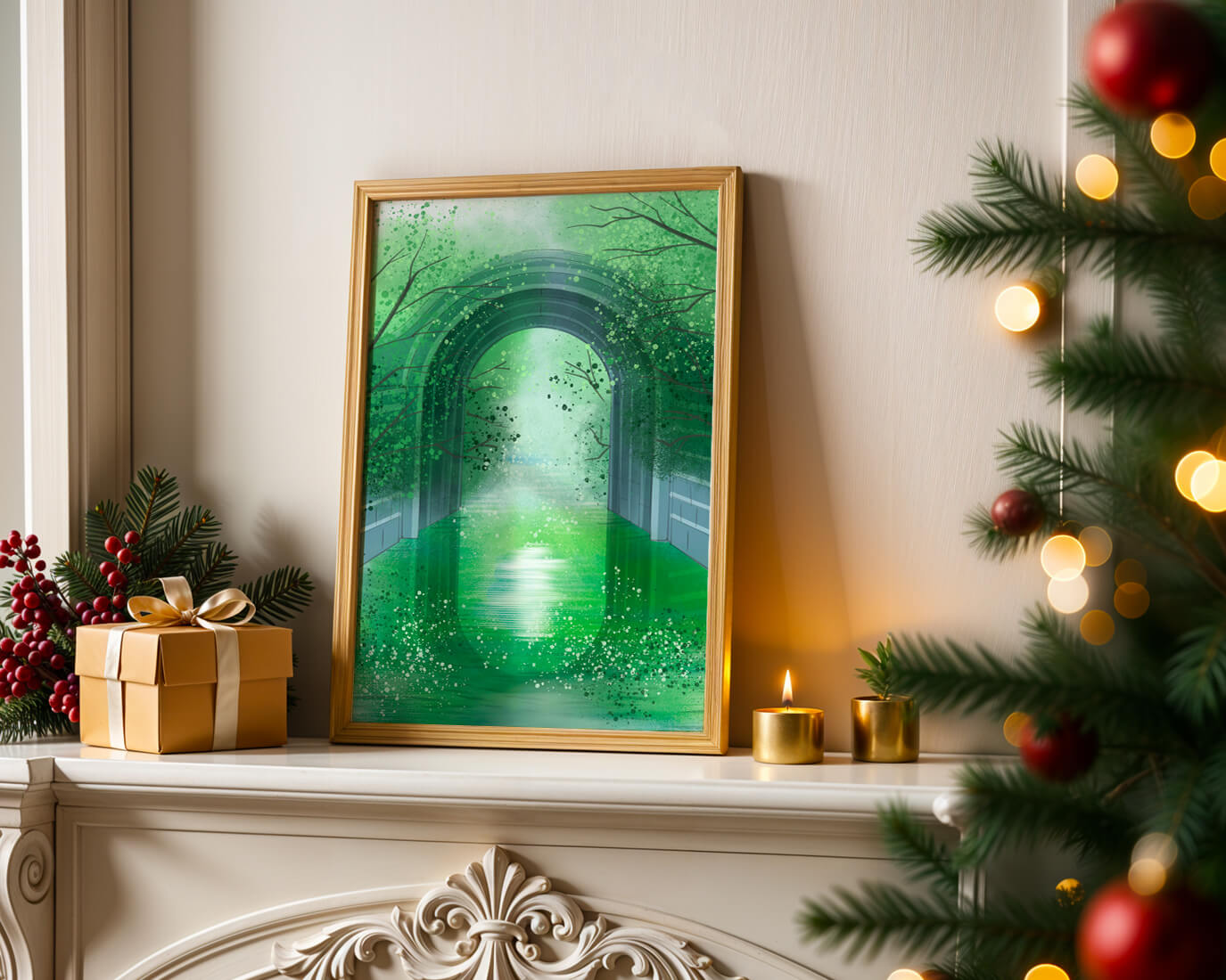 A serene green garden tunnel with reflective water