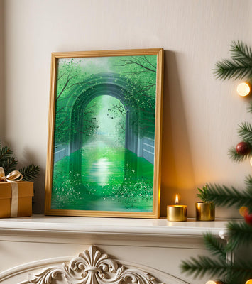 A serene green garden tunnel with reflective water