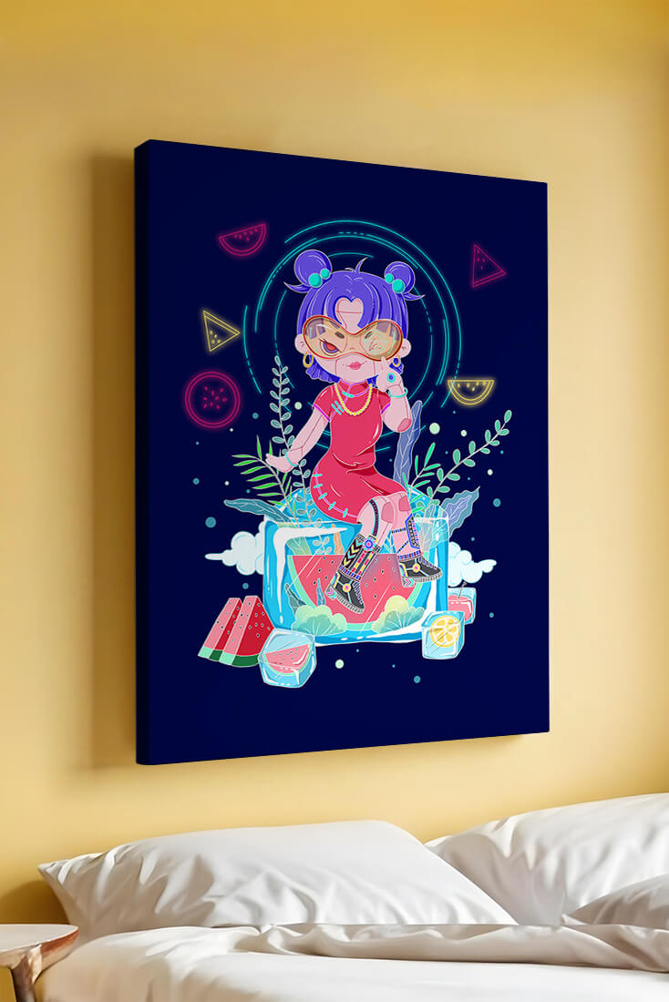Personnage de dessin animé coloré avec des éléments futuristes