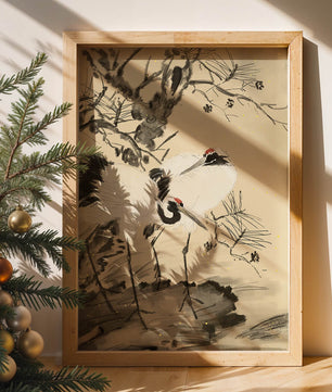 Traditional Japanese Painting of Cranes with Pine Tree and Gold Details