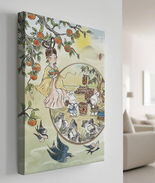 Charmante orientalische Szene mit Kaninchen, Mädchen und Kumquats in der Natur