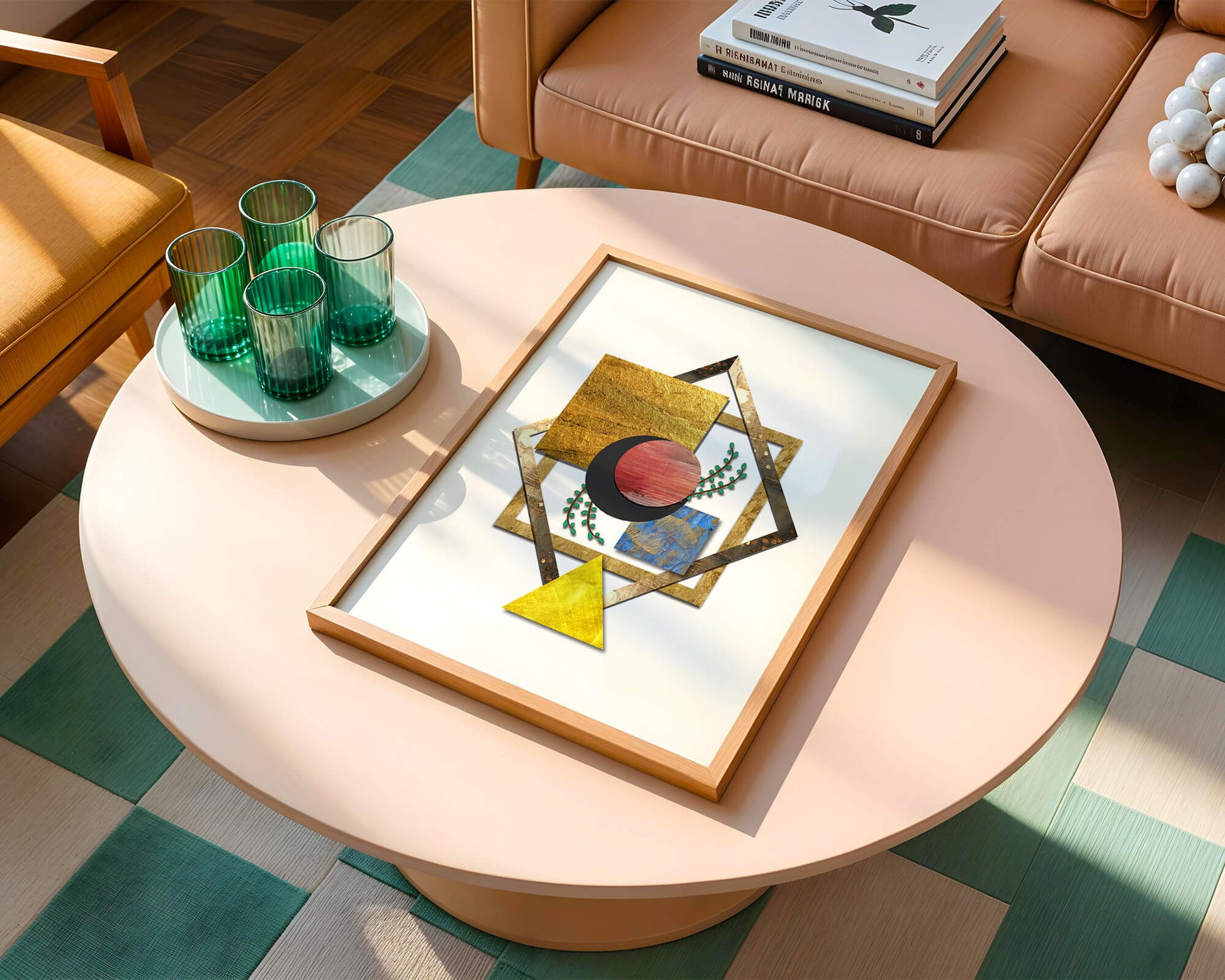 Modern geometric abstract art with vibrant colors and gold accents