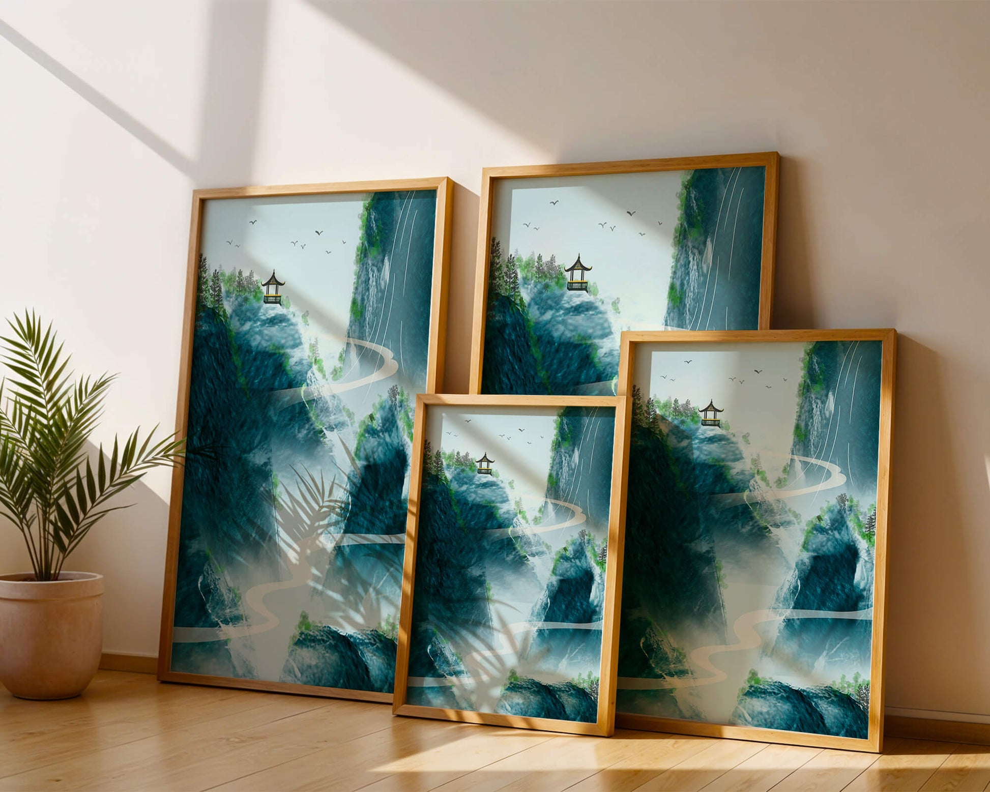 Paisaje montañoso sereno con pagoda y río serpenteante