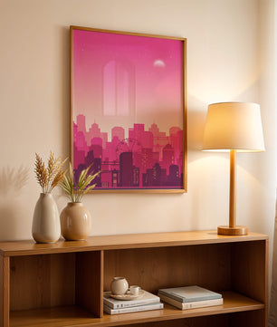 Skyline urbano al anochecer con degradado rosa y noria