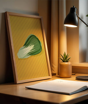 Illustrated bok choy on vibrant yellow background with stripes