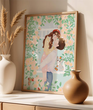 Romantic Kiss Amidst Blooming Flowers And Playful Cat