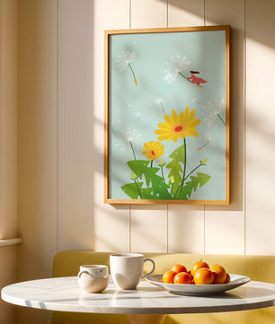 Whimsical illustration of a girl flying with dandelions in a colorful floral scene