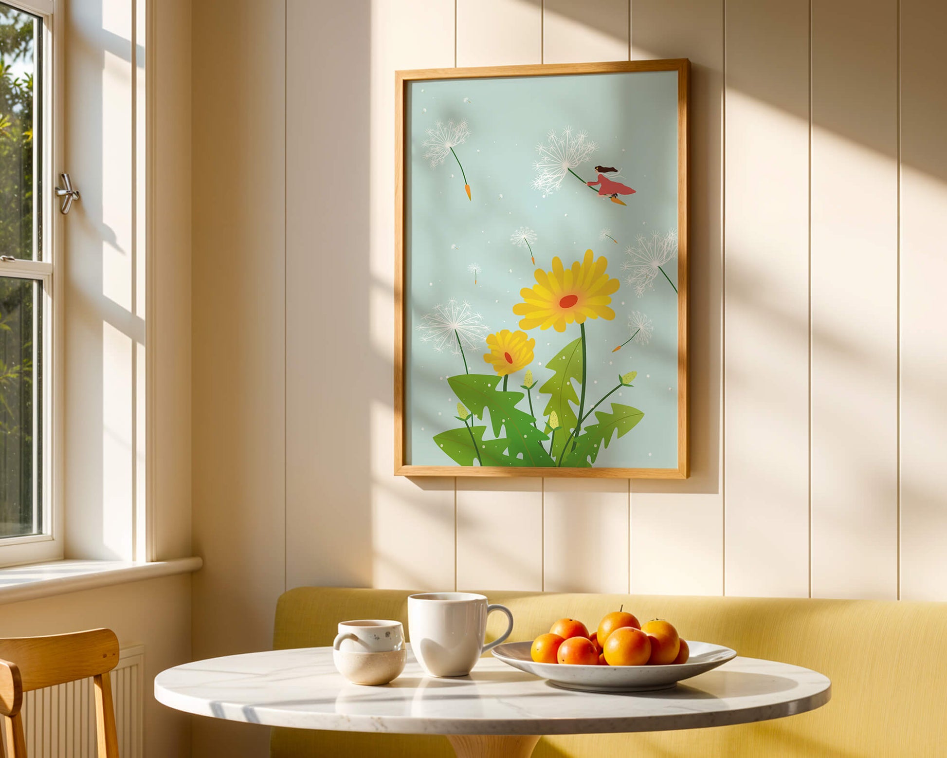 Whimsical illustration of a girl flying with dandelions in a colorful floral scene