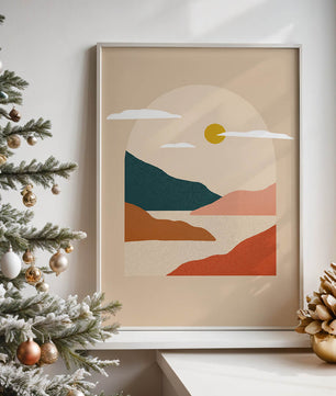 Paysage minimaliste avec montagnes et soleil