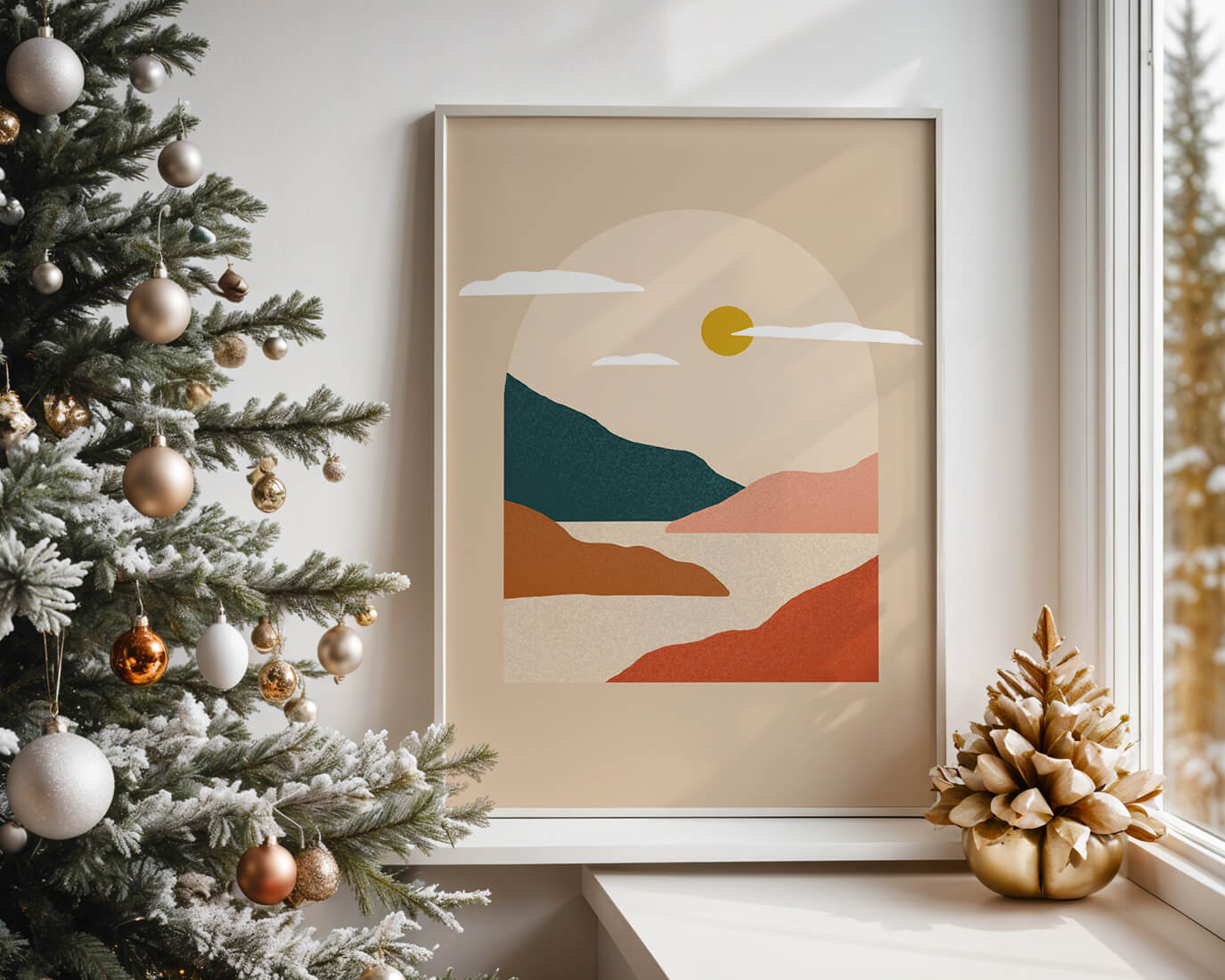 Paysage minimaliste avec montagnes et soleil