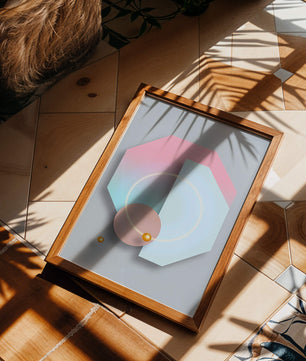 An abstract geometric art piece with pastel tones and golden accents