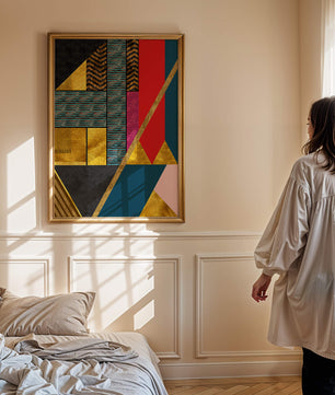 Geometric abstract art with bold colors and golden accents
