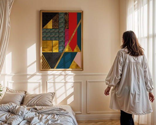 Geometric abstract art with bold colors and golden accents