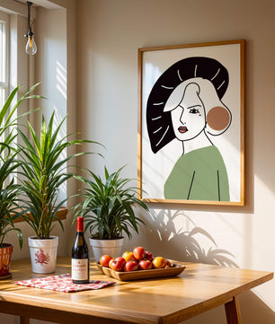 Minimalist Abstract Portrait Featuring Woman with Black Hat and Green Outfit - Mi tienda