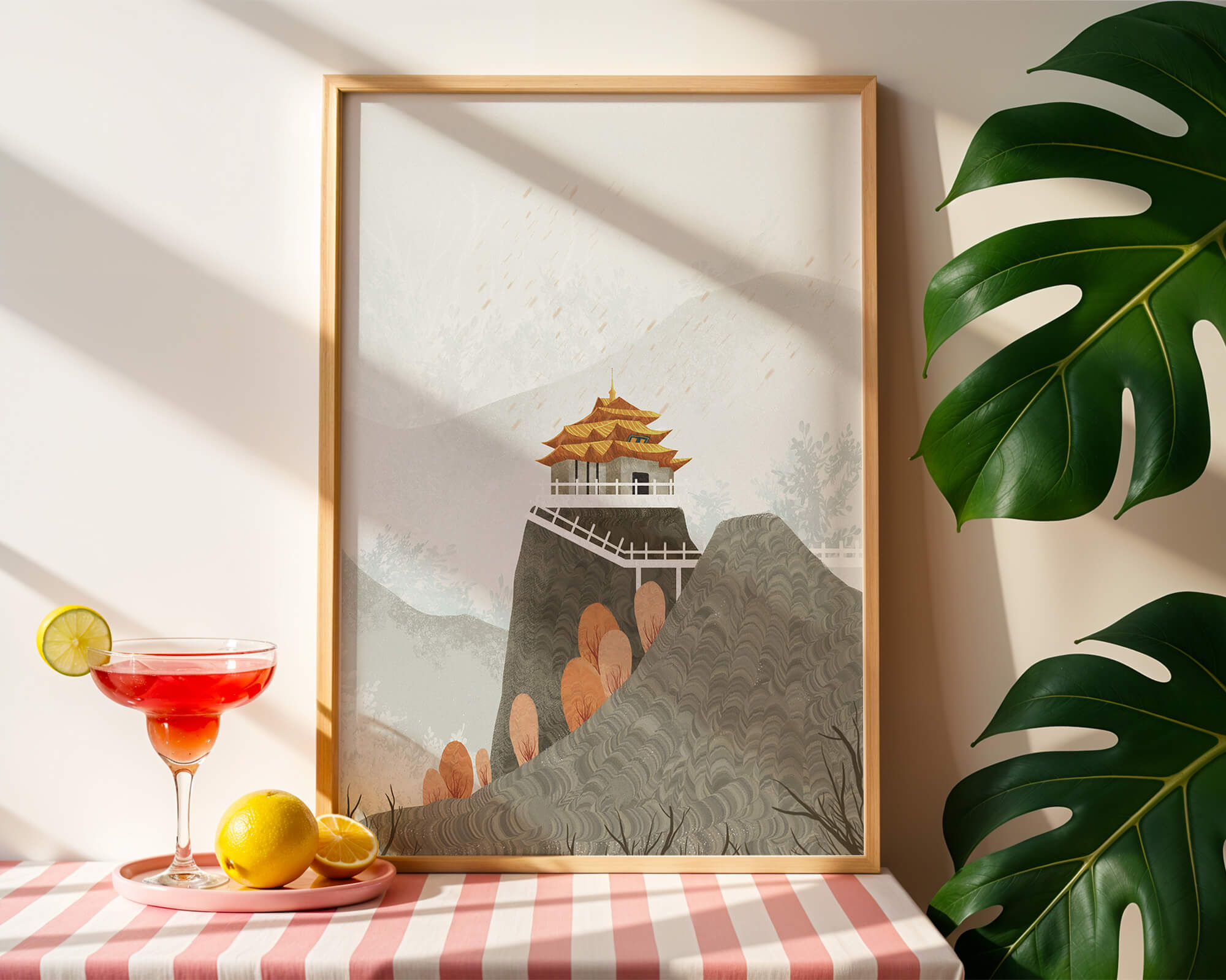 Serene mountain landscape with traditional Asian architecture