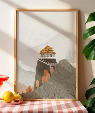Serene mountain landscape with traditional Asian architecture