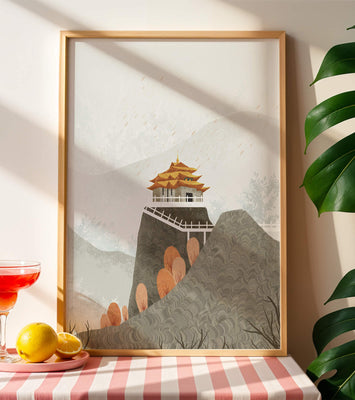 Serene mountain landscape with traditional Asian architecture