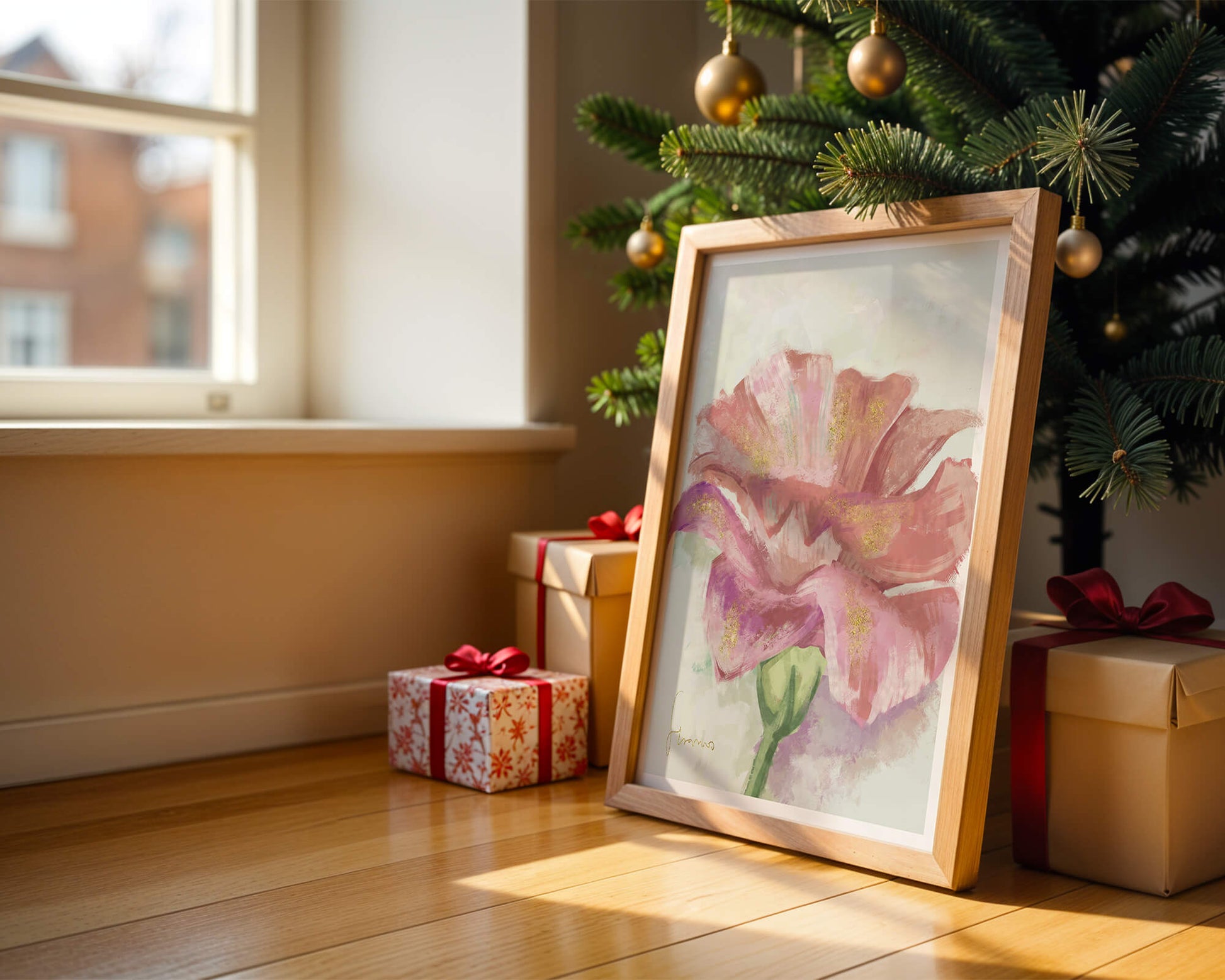 Beautiful pink flower painting with golden accents