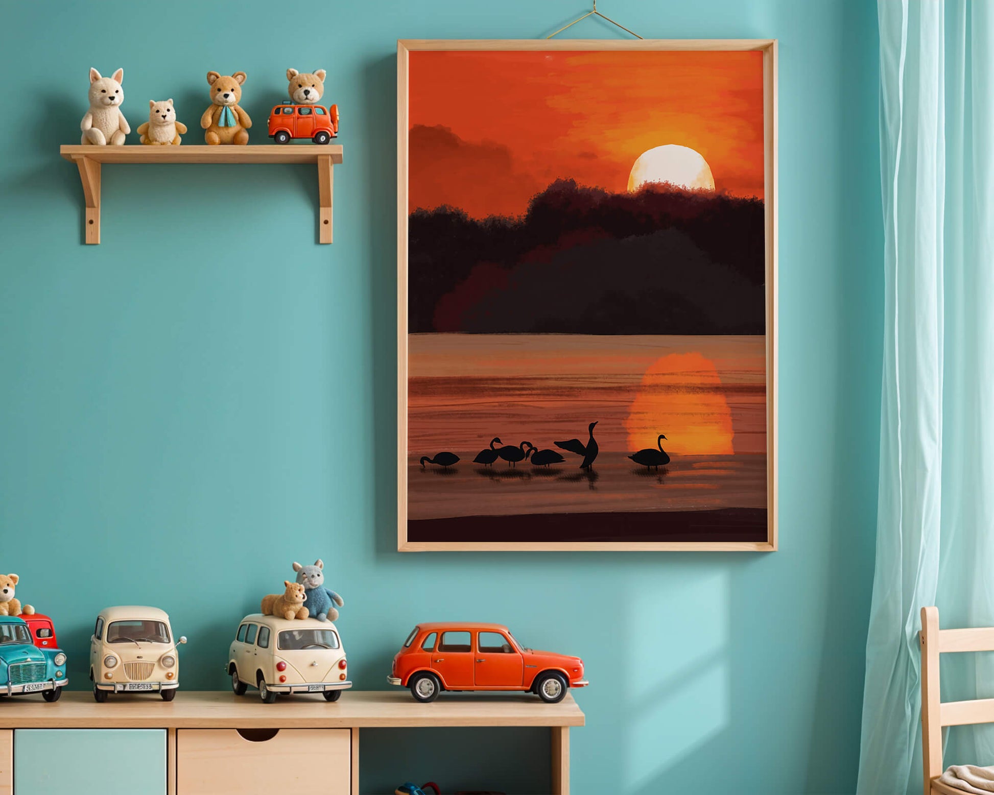 Serene sunset over a lake with silhouetted swans