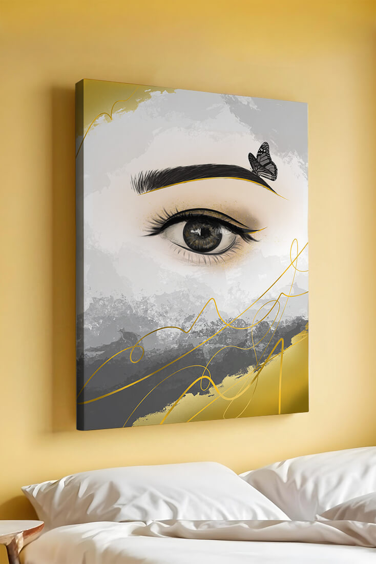 Artistic eye illustration with butterfly and abstract gold accents