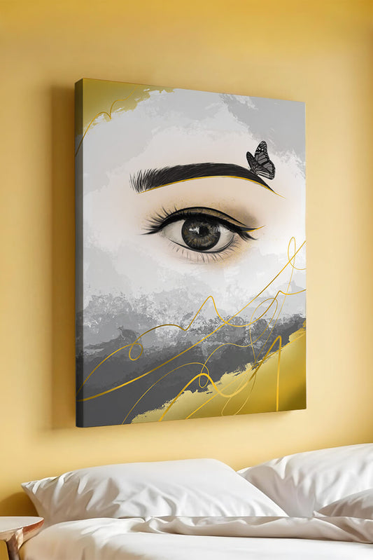 Artistic eye illustration with butterfly and abstract gold accents