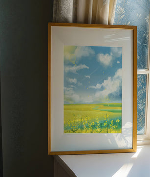 Sunny Meadow with Yellow Flowers and Blue Sky Scenic Art