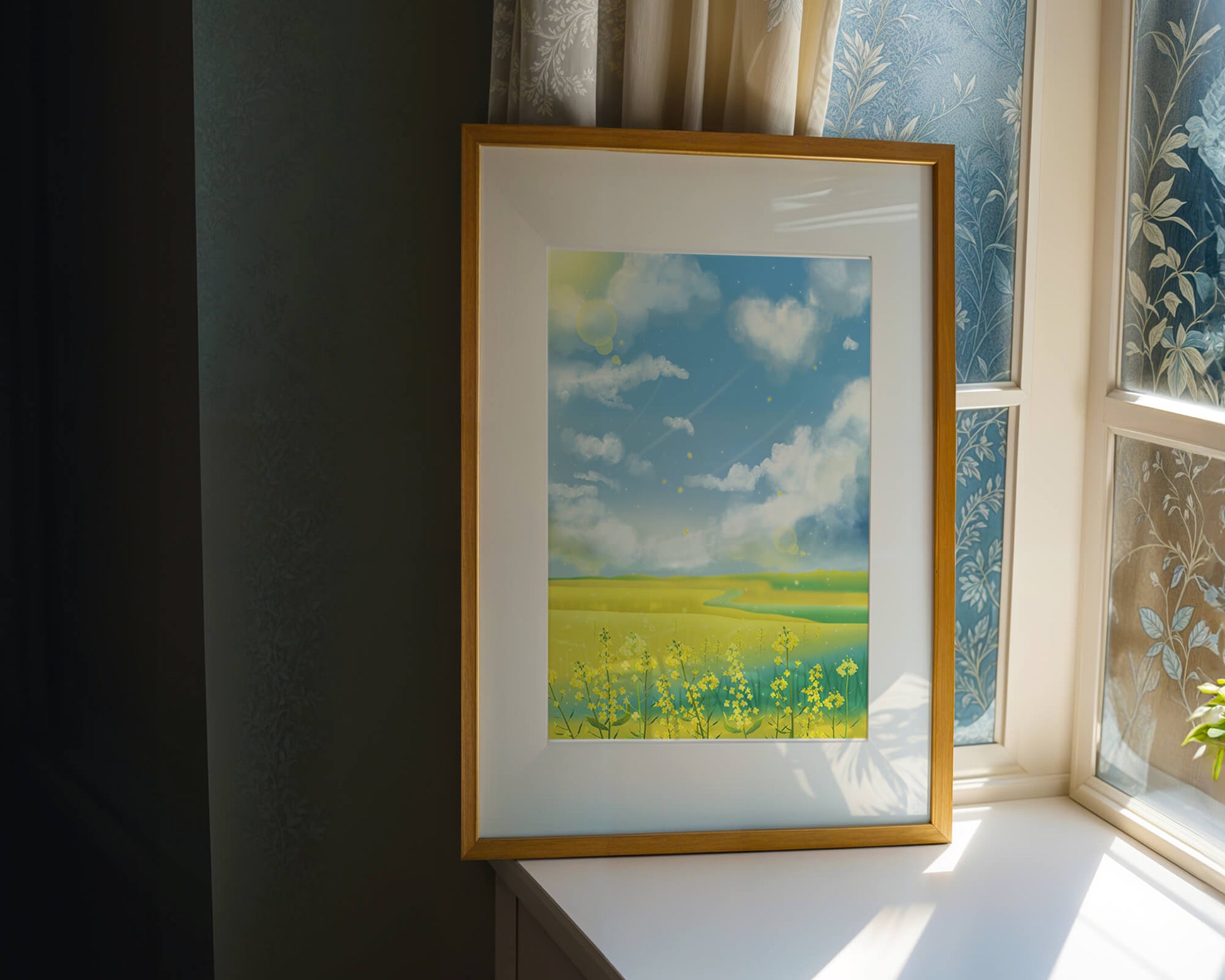 Sunny Meadow with Yellow Flowers and Blue Sky Scenic Art
