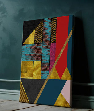 Geometric abstract art with bold colors and golden accents