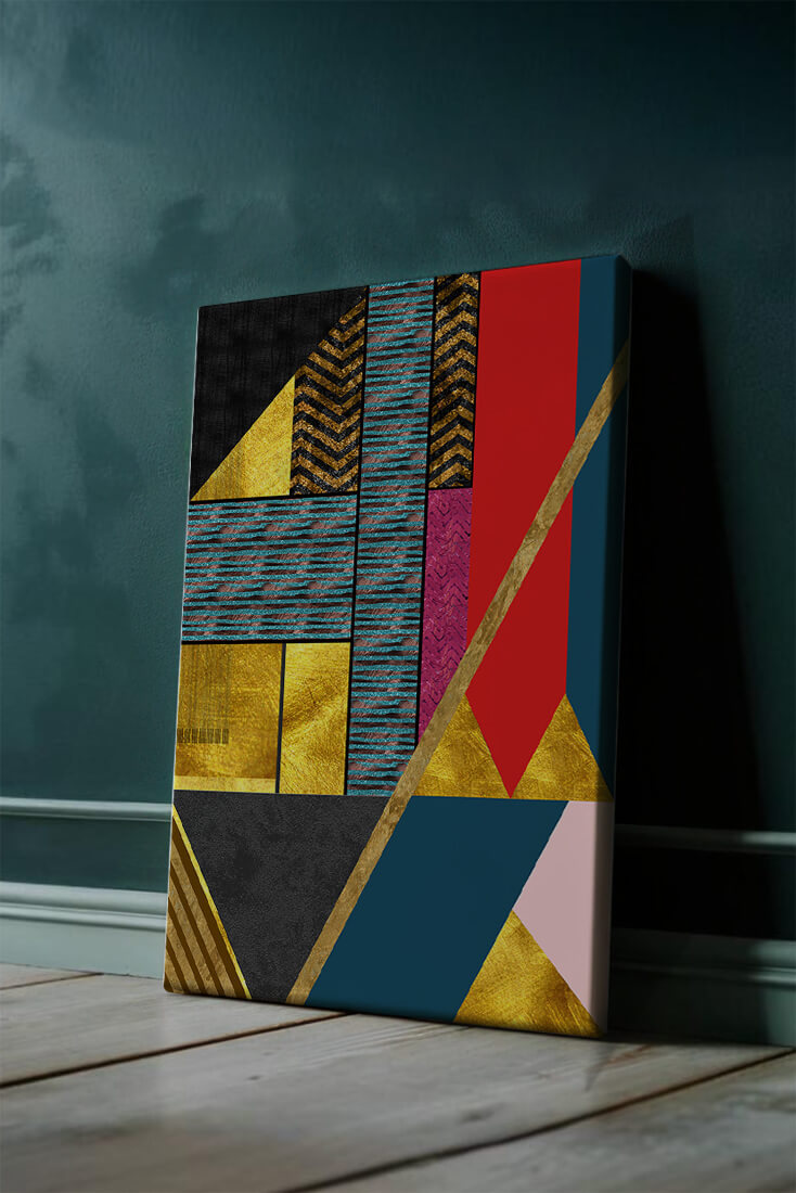 Geometric abstract art with bold colors and golden accents