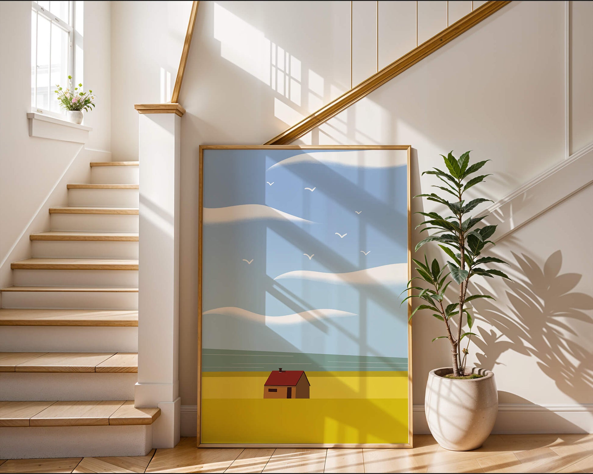 Minimalistic Landscape with House and Sky