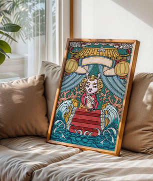 Illustration of a whimsical animal playing a stringed instrument in a fantastical setting