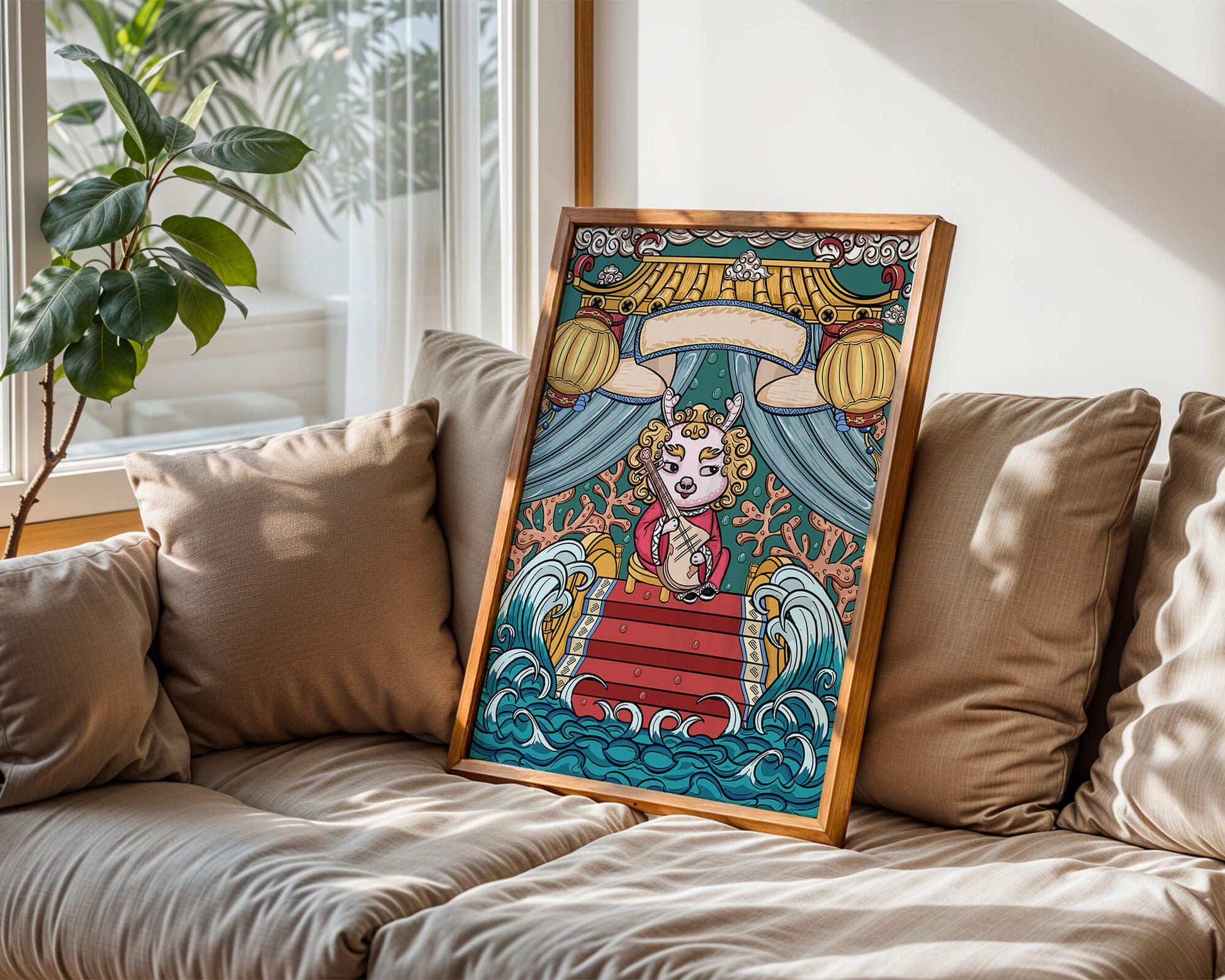 Illustration of a whimsical animal playing a stringed instrument in a fantastical setting