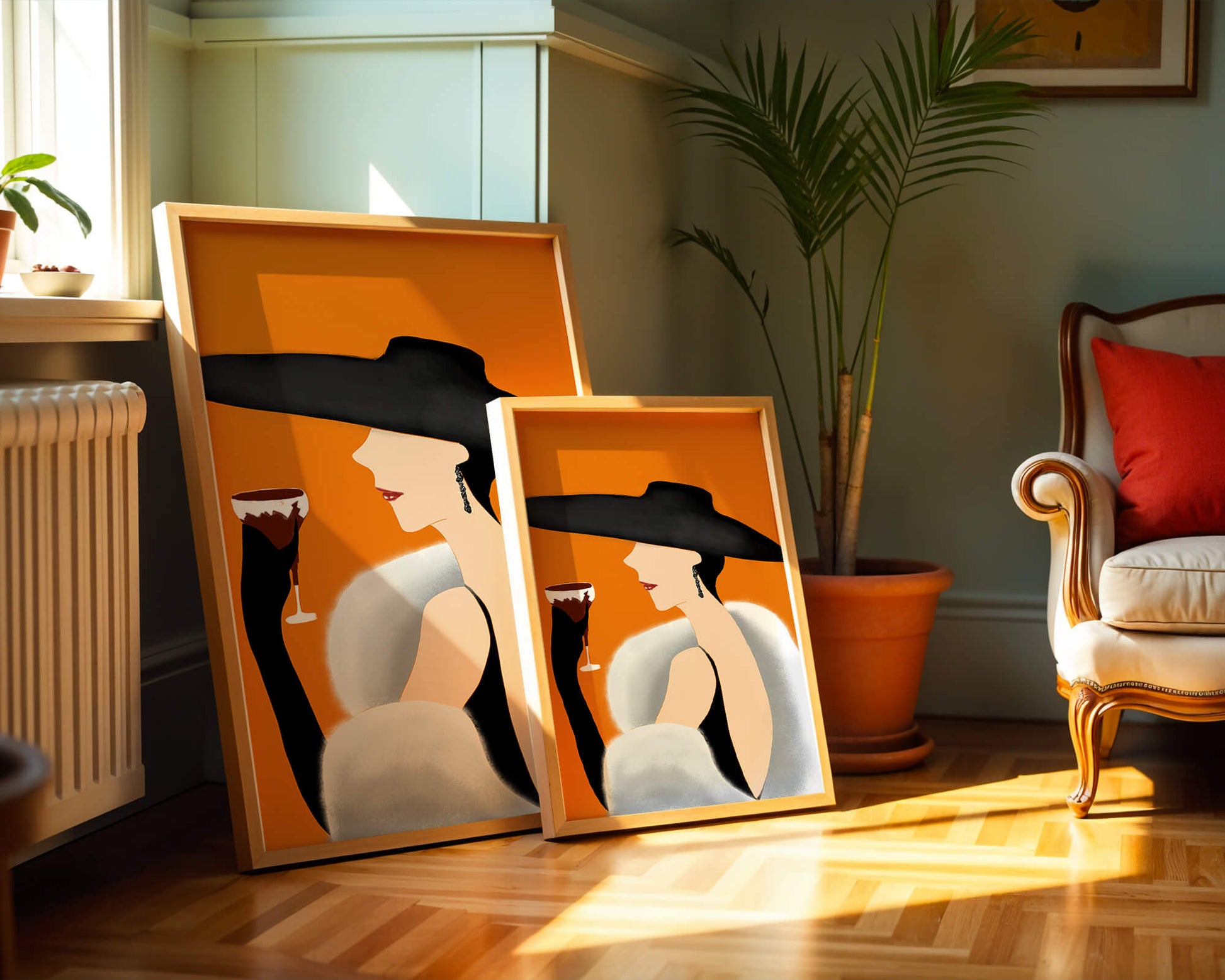 Elegant Woman in Black Hat and White Fur with Wine Glass