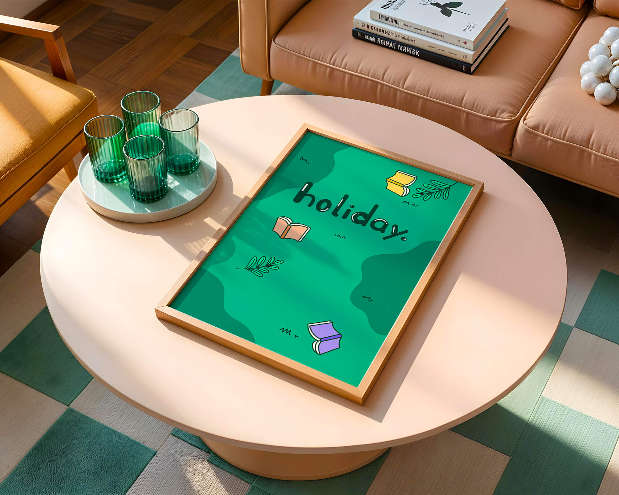 Colorful holiday-themed design with books and leaves