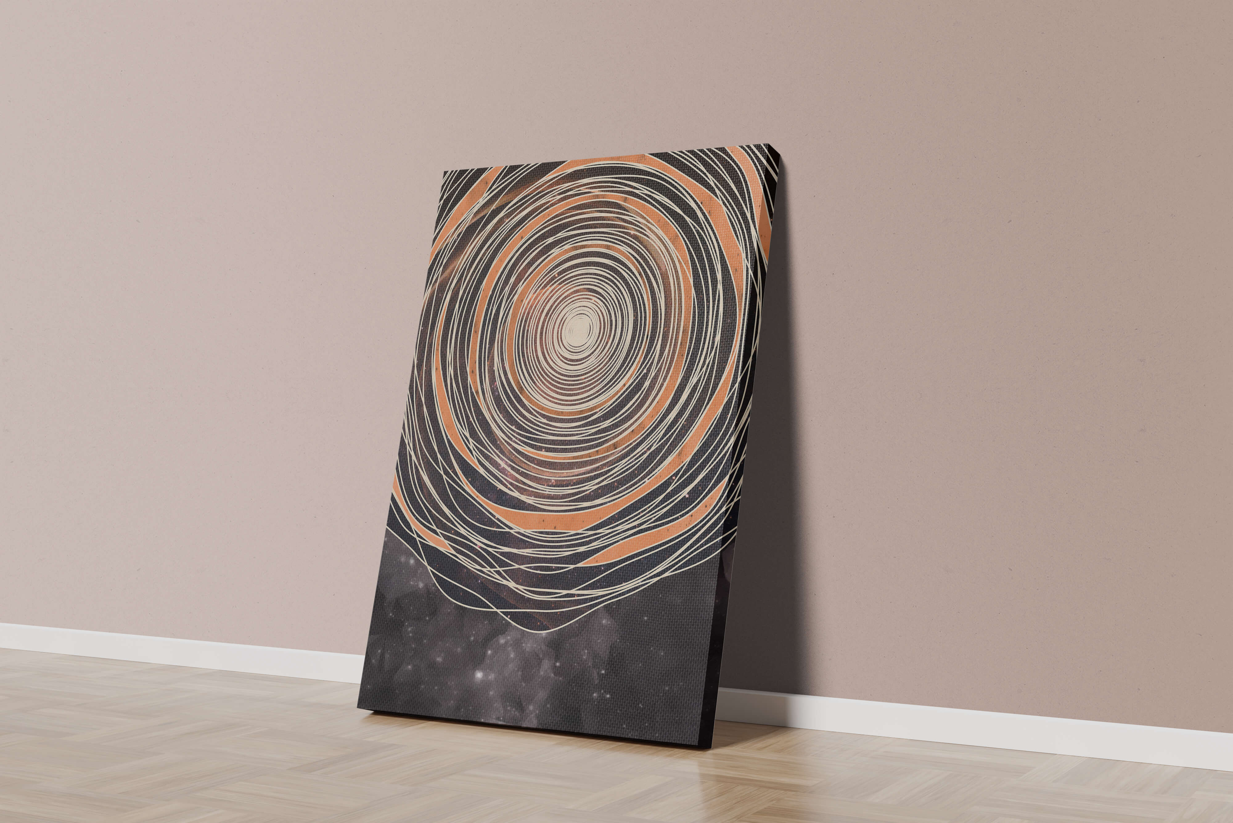 Abstract cosmic spiral with concentric oval patterns and starry background