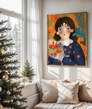 Ilustración colorida de una chica con flores rodeada de un fondo floral vibrante